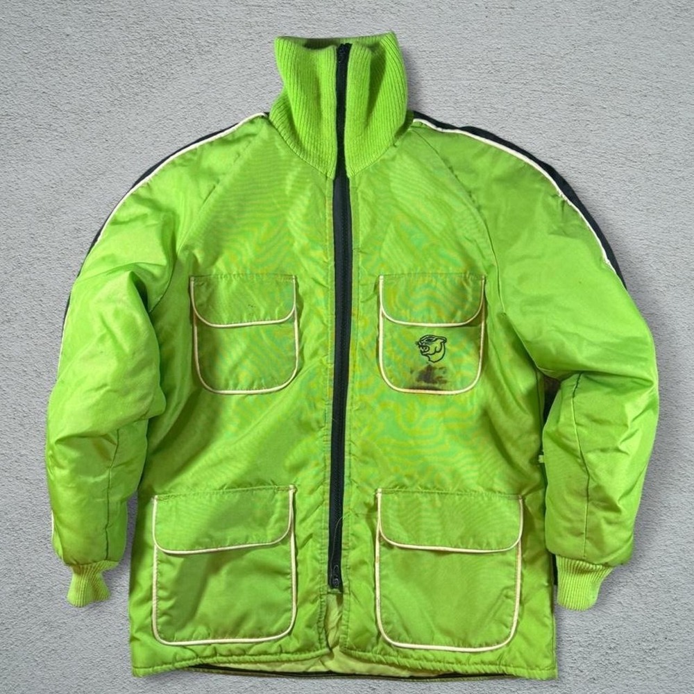 Vintage 1970s Arctic Wear Green Puffer Jacket Black Stripes Mens Medium USA
